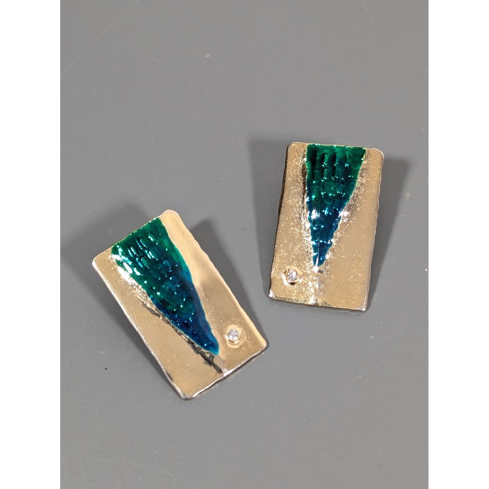 Vintage Blue Green Enamel Triangle Earrings Gold Rectangle Rhinestone